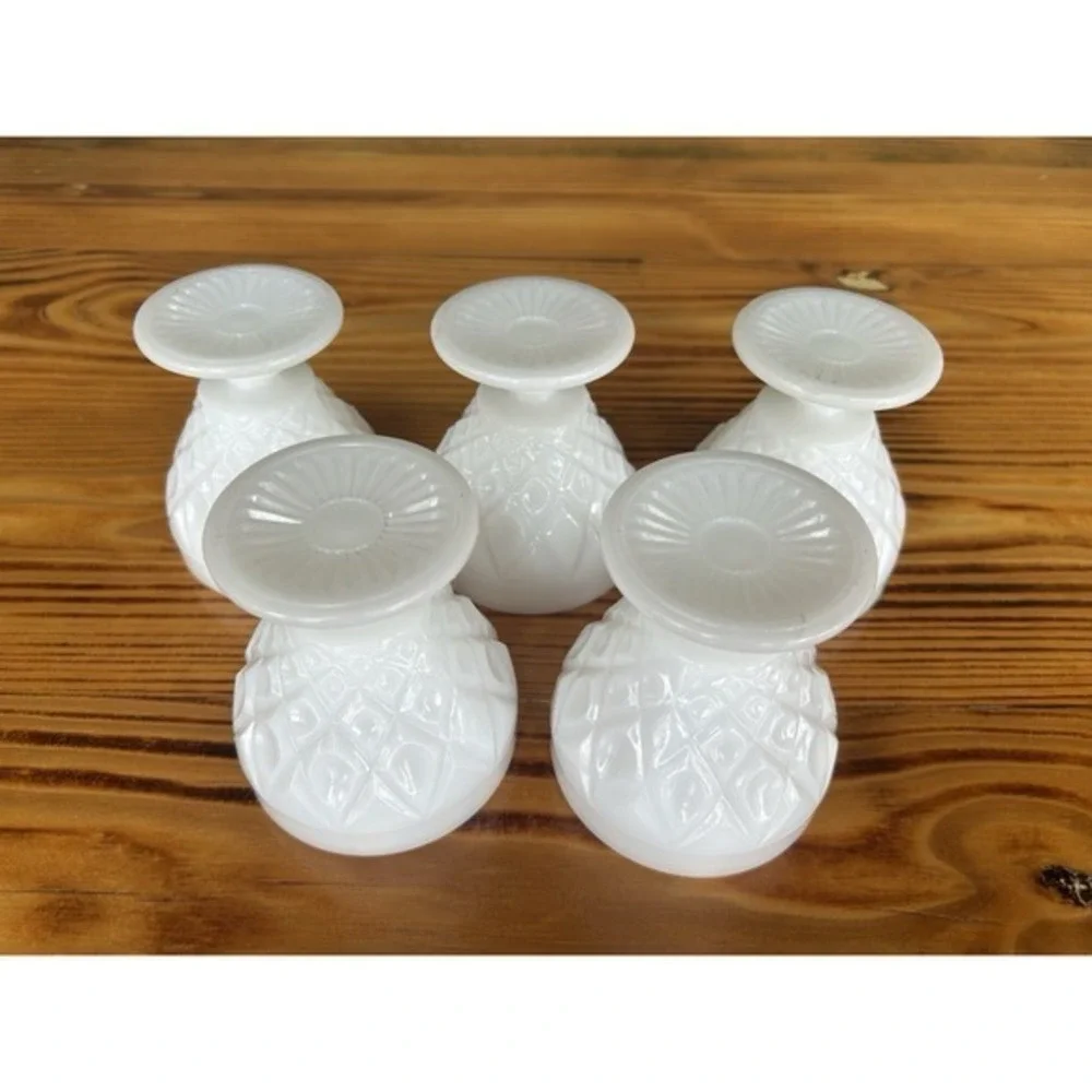 5-PC‎ Milk Glass Footed Drinking Goblet Cups Diamond Geometric 3D Design
